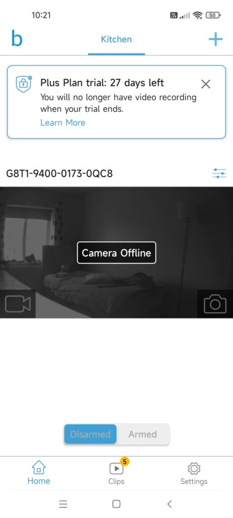 When a camera is reset a camera offline message appears in the app. 